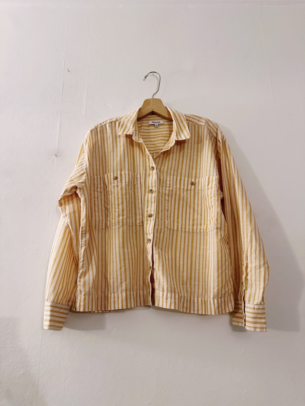 Madewell Boxy Workwear Shirt in Irregular Stripe Golden Long Sleeve Top Yellow - Picture 2 of 6